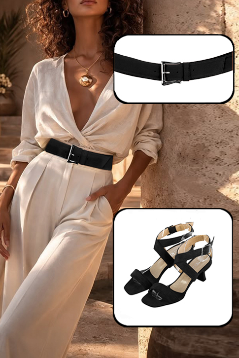 Women's matt black elegant fully open cross straps sandals. Square toe. Medium spool heels - Worn view